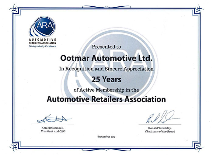 Ootmar Automotive Automotive Retailers Association for 25 years certificate